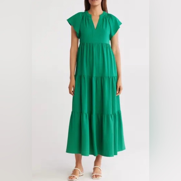 Calvin Klein Flutter Sleeve Tiered A-Line Green Maxi Dress Sequoia Green Size: 8 - Picture 1 of 9